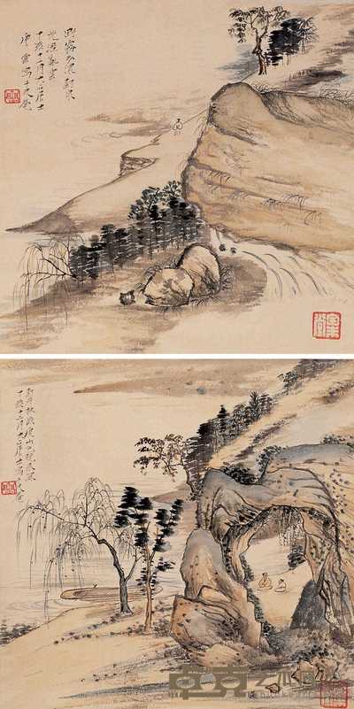 唐云 丁亥(1947年)作 山水双挖 立轴 32×32.5cm×2